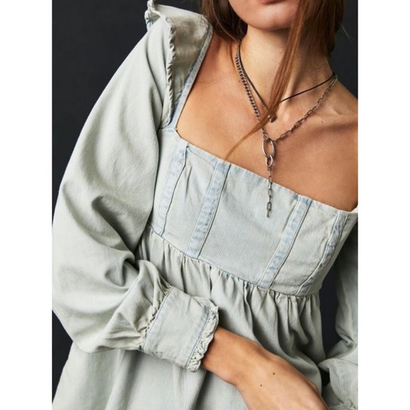 Free People Tops - Free People XS Chambray Denim Ruffle Collar Cottagecore Long Sleeve Tie Back Top
